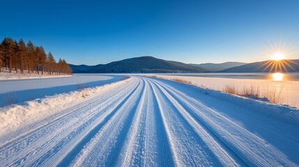Fototapeta premium Sunset casts a warm glow over the expansive frozen lake. Pine trees line the shore, while winding tracks in the snow lead towards the horizon, inviting exploration in winter's serene beauty