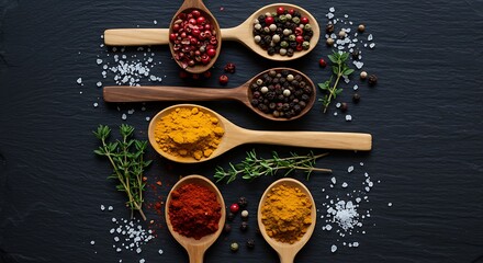 Assorted spices and herbs in wooden spoons on black slate background, ideal for culinary design, recipe illustrations, and gourmet food promotion