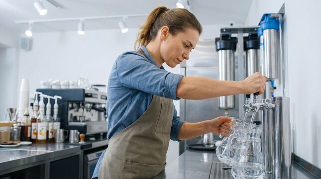 Woman filling water pitchers at coffee shop counter with focus  