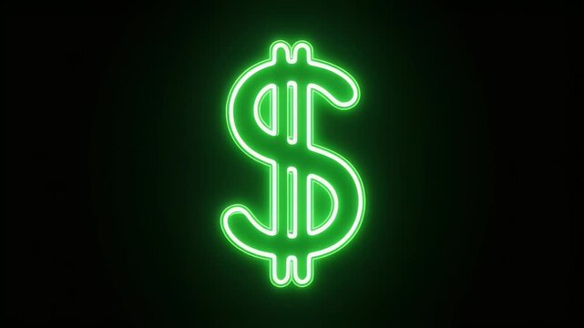 A neon green dollar sign glowing brightly against a dark black background, symbolizing money, finance, and economic prosperity.