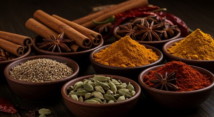 Assorted aromatic spices in wooden bowls with star anise, turmeric, cinnamon, and cardamom pods, ideal for culinary design, recipe illustrations, and food packaging visuals