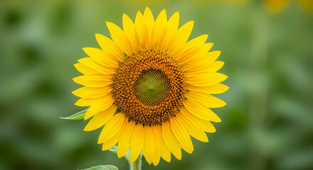 Close up of a large yellow sunflower blooming in a field. Vibrant nature scene for agricultural themes and summer time decoration.