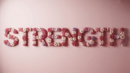 Strength text made from an arrangement of colorful flowers symbolizing feminine power and resilience