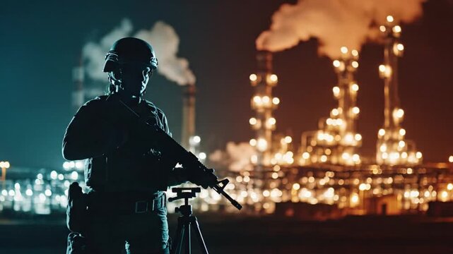 Armed Security Guard Silhouette at Nighttime Refinery.