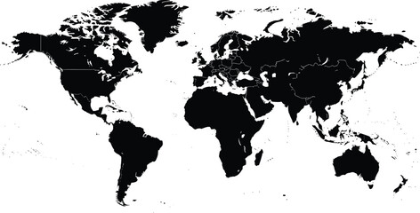 World map silhouette, global continents illustration, earth geography concept, international travel navigation design, black white flat vector © Moriam