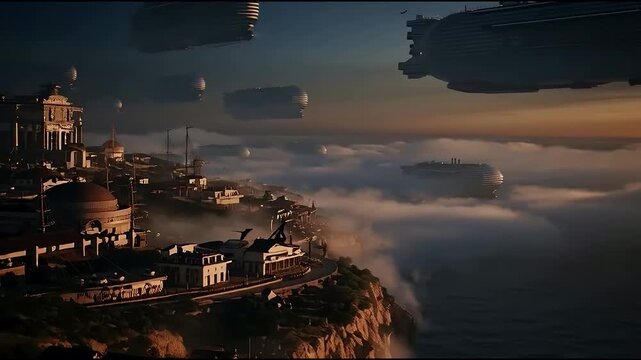 Steampunk airships fly over a fantastical city at dusk.