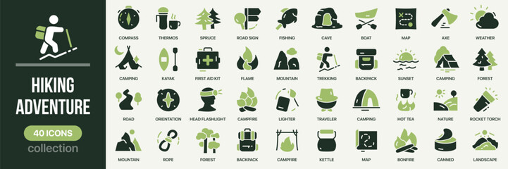 Hiking and adventure fill icon collection. Includes outdoor travel, camping, and trekking elements. Created in colored style with green palette © stas111