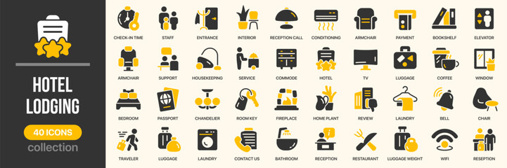 Obraz na płótnie Canvas Hotel and lodging fill icon collection. Includes hotel services and accommodation symbols. Created in colored style with yellow palette