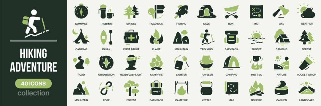 Hiking and adventure fill icon collection. Includes outdoor travel, camping, and trekking elements. Created in colored style with green palette
