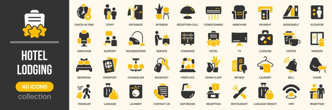 Hotel and lodging fill icon collection. Includes hotel services and accommodation symbols. Created in colored style with yellow palette