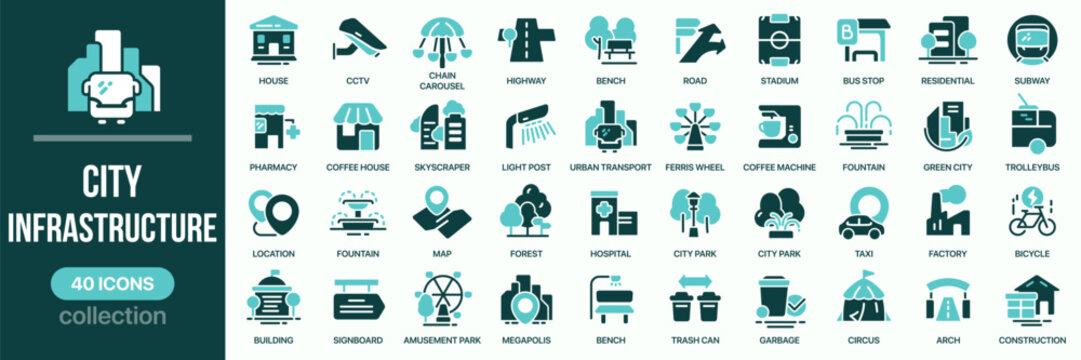 City infrastructure fill icon collection. Includes urban buildings, transport, and public places. Created in colored style with turquoise palette