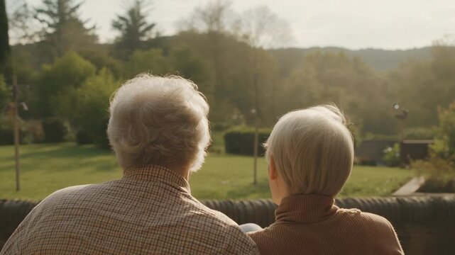 Sitting senior couple, brown-sweater woman shifting on low wall as sunlight drawing gaze to hills