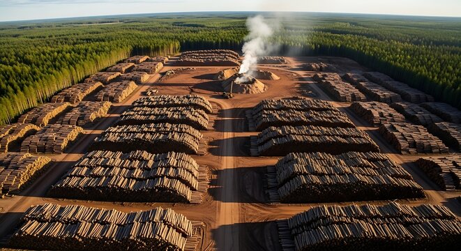 Aerial View of Large Timber Yard with Forest Background image
