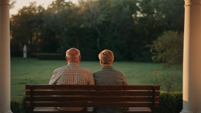 Warm light drawing couple in stripes and blouse, sitting on porch bench amid columns, watching lawn