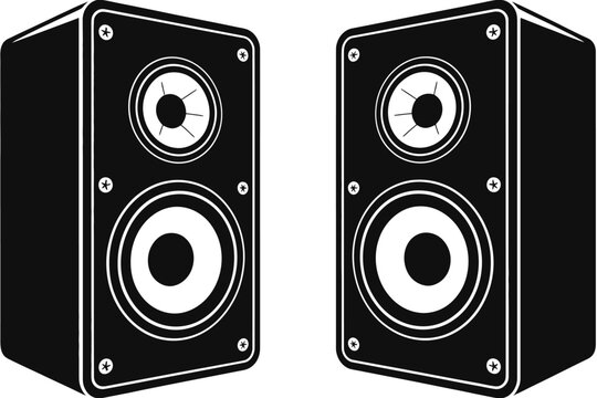 Two black speakers with white circles on clean white background, minimal audio illustration, modern sound system concept, music technology, stereo equipment, simple design