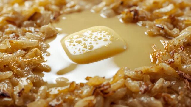 Pouring golden liquid from above, butter pat melting and glossing hash browns on hot skillet