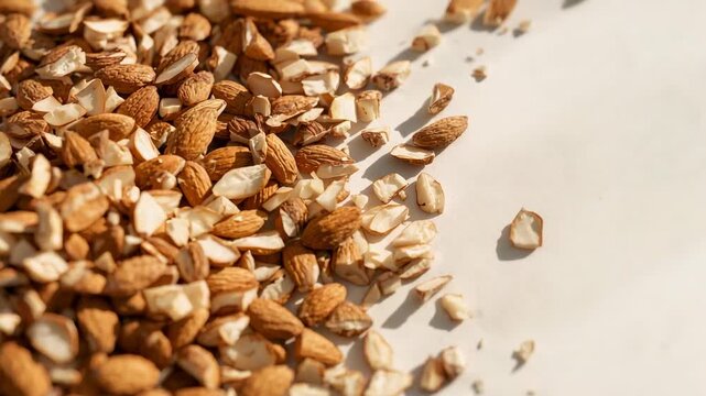 Panning camera to show pile of whole and chopped almonds on pale surface, sunlight casting shadows