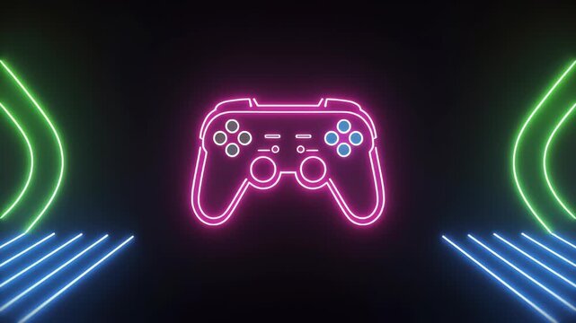 Vibrant neon pink game controller glowing brightly in the dark, flanked by abstract green and blue light trails, symbolizing modern gaming and digital entertainment.