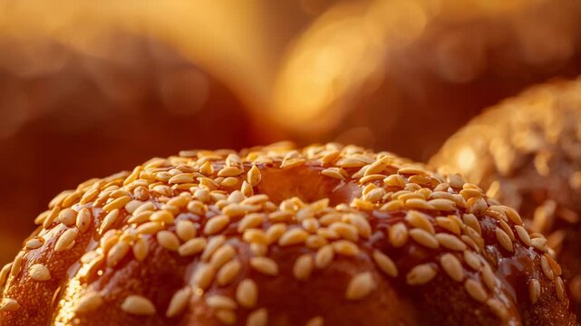 Pulling focus, camera revealing sesame seeds and crown on ring roll for bakery display