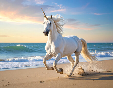 Ein wei&szlig;es Einhorn läuft am Strand