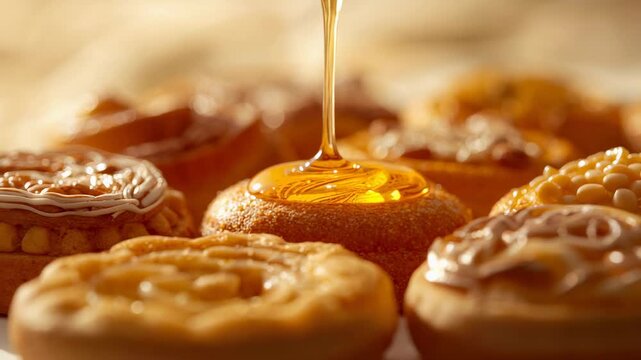 Pouring honey stream from jar tip feeding pastry at studio counter forming pool blurred pastries