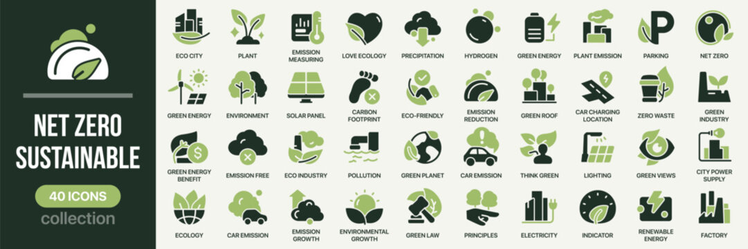 Net zero and sustainable fill icon collection. Includes sustainability, ecology, emission, energy, and climate symbols. Created in colored style with green palette