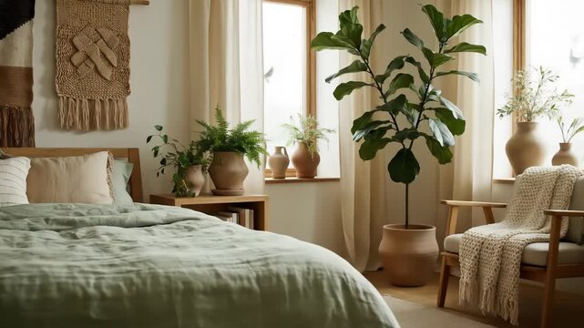 A tranquil bedroom filled with natural light, featuring a large fiddle leaf fig plant, soft earth-toned bedding, and decorative macrame wall hangings.