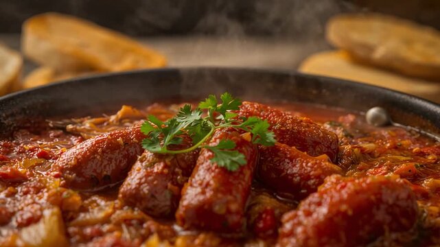 Stove heating, cast-iron skillet simmering and emitting rising steam on stovetop, cooking sausages