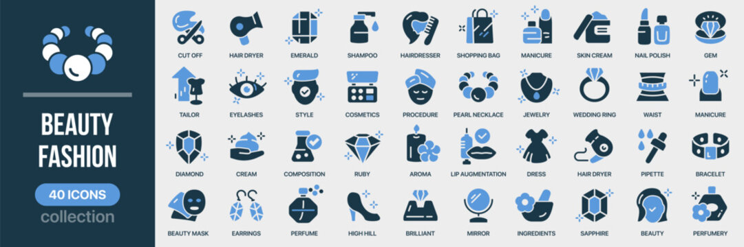 Beauty and fashion fill icon collection. Includes cosmetics, jewelry, style, beauty care, and accessories. Created in colored style with blue palette