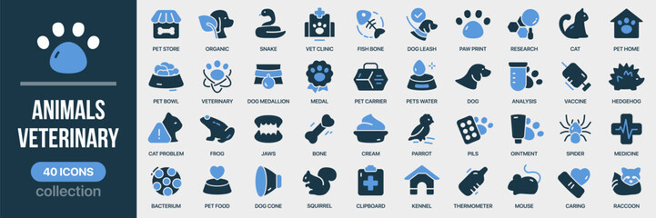 Naklejka na ściany i meble Animals and veterinary fill icon collection. Includes pets, veterinary care, medicine, and animal services. Created in colored style with blue palette