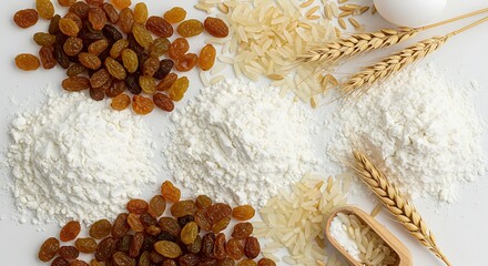 Assorted baking ingredients including flour, rice, raisins, and wheat on white background, ideal for illustrating cooking, food preparation, and recipe design concepts