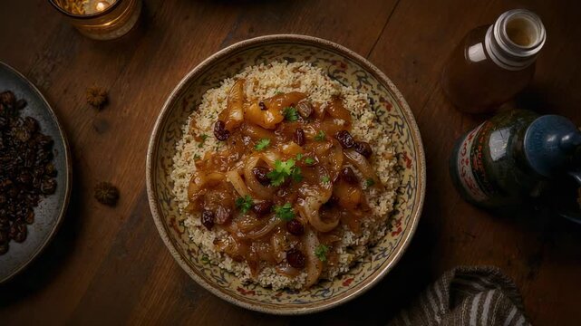 Pulling back, camera revealing patterned ceramic bowl of rice with onion and herb, emphasizing dish