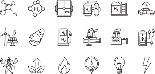 Fototapeta premium Hydrogen H2 Energy Line Icons, Clean Tech Vector Set