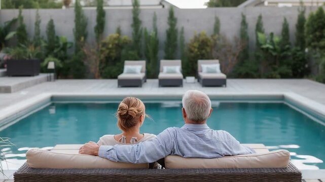 Placing man in blue shirt holding partner while gazing to enjoy backyard pool on wicker sofa
