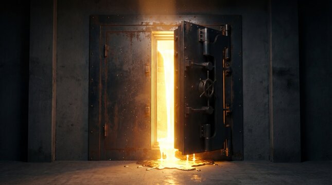 A heavy steel safe cracking open to reveal blinding golden light, a powerful metaphor for unlocking wealth, hidden assets, and financial security.