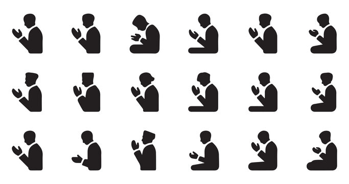 Set of male silhouettes in prayer positions featuring different headwear and traditional worshiping styles