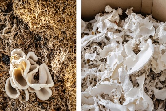 Mycelium biomaterial production, biodegradable packaging blocks growing in trays, sustainable biotech process, circular economy innovation, close-up texture, lab workspace