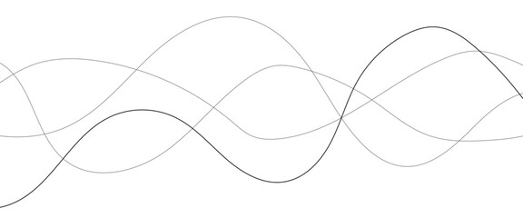 Thin line wavy abstract vector background. Curve wave seamless pattern. Line art striped graphic template. Vector illustration of lines. Abstract curved black long lines on white.