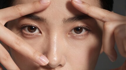 Close up beauty portrait of young woman touching face with clean natural skin skincare and wellness concept