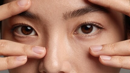 Close up beauty portrait of young woman touching face with clean natural skin skincare and wellness concept