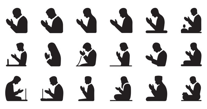 People praying gesture icon set, various body positions for worship and spiritual practice flat silhouette