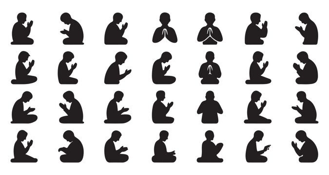 Collection of praying people silhouettes in various poses and religions for spiritual practices