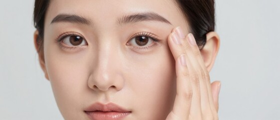 Close up beauty portrait of young woman touching face with clean natural skin skincare and wellness concept