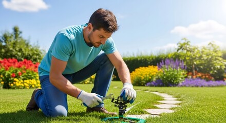 Obraz premium Man fixing garden sprinkler system on green lawn. Backyard summer maintenance and home improvement concept. Outdoor watering adjustment.