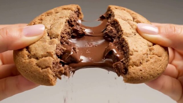 Irresistible chocolate lava cookie being broken open by hands, revealing its decadent molten center and rich, gooey texture, a tempting sweet dessert moment