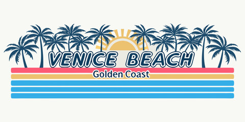 Obraz premium Venice beach golden coast retro style graphic with palm trees