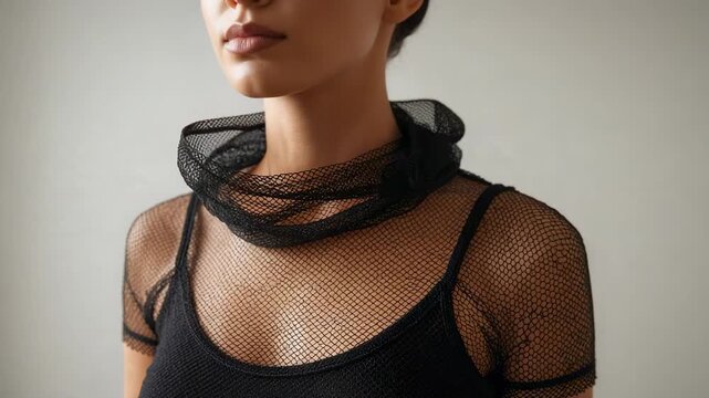 Recording woman rotating and lifting head in studio revealing jawline, wearing black mesh ensemble