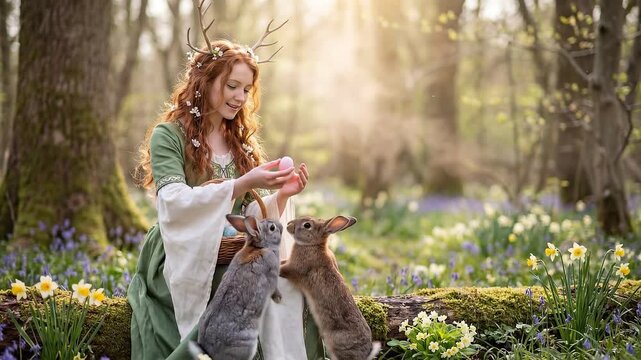 Ostara Goddess feeding rabbits Easter eggs in a tranquil spring woodland, embodying rebirth and spiritual awakening for pagan ritual blogs, social media, and event invitations