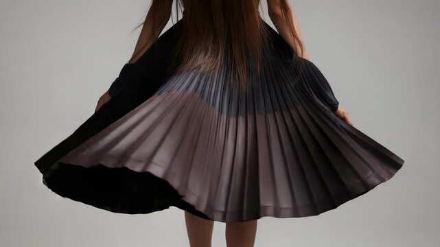 Holding black pleated skirt edges, Asian model twirling in gray studio, emphasizing pleats