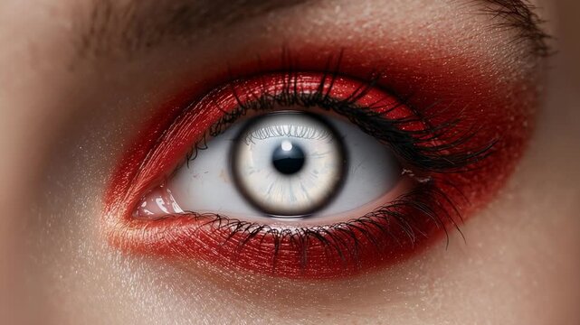 Showing eye gaze narrowing then iris shifting as frames advance in studio close-up with red makeup